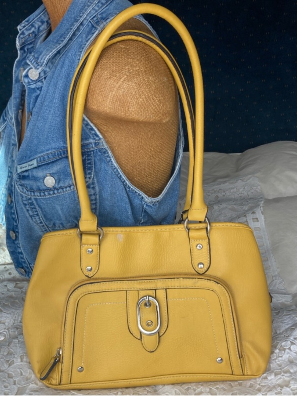 Y2K-style Mustard Faux-Leather Shoulder Bag Front pocket & silver-tone buckle